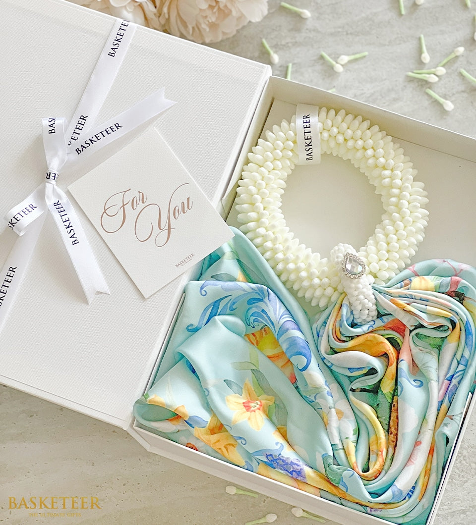Luxury Mother's Day gift box with jasmine flower garland and floral silk scarf