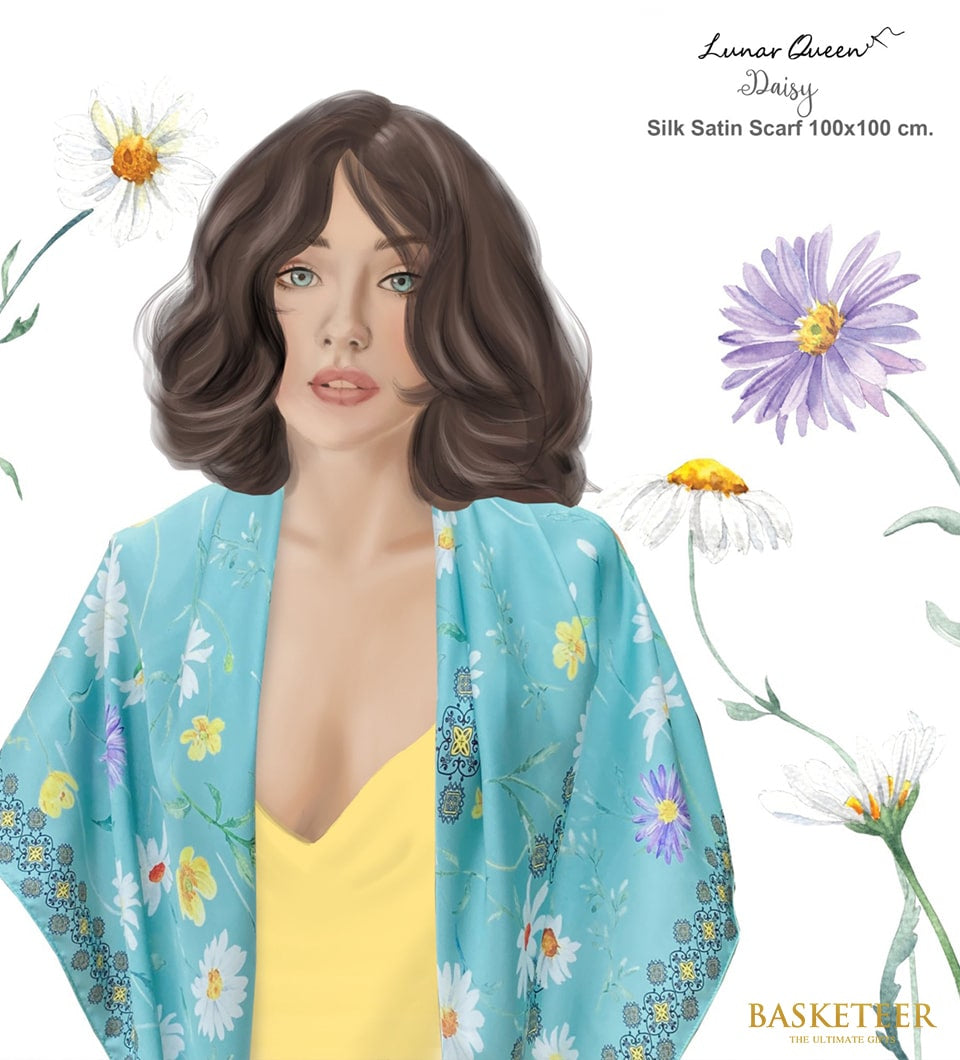 Lunar Queen Daisy silk satin scarf in light blue with white and purple flowers, Mother's Day gift
