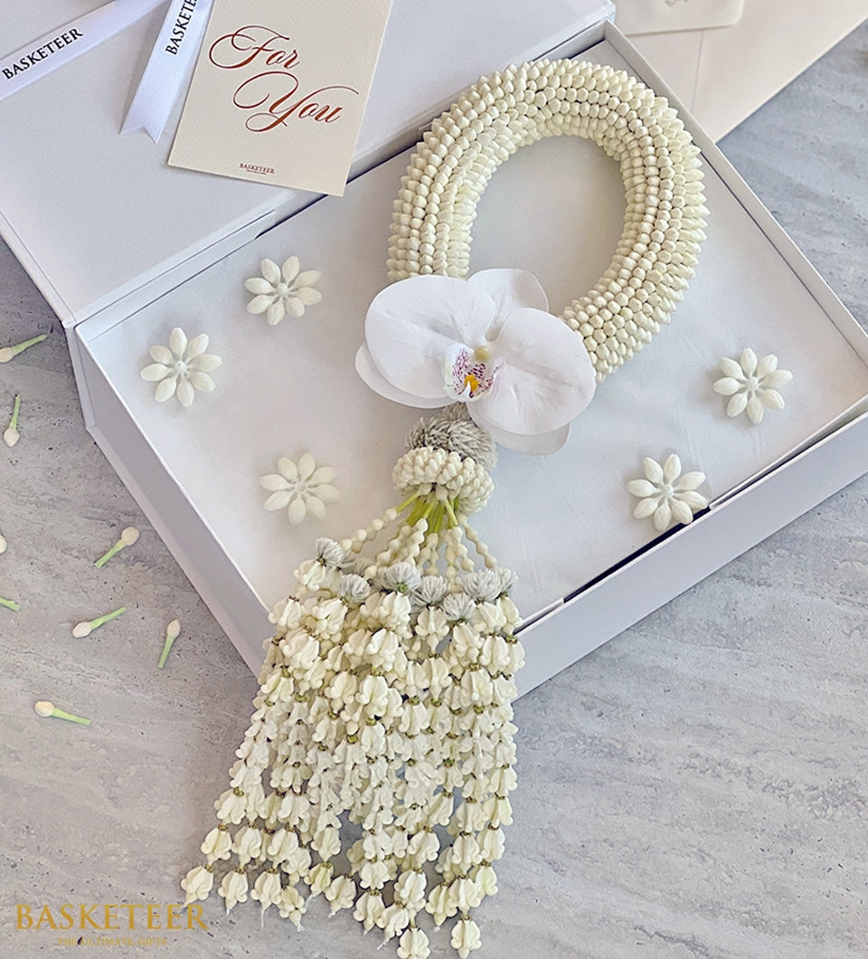 White jasmine and orchid Thai garland in gift box, Mother's Day fresh flowers