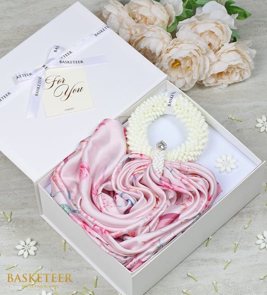 Pink floral silk scarf and white Thai garland in luxury Mother's Day gift box with jasmine accents