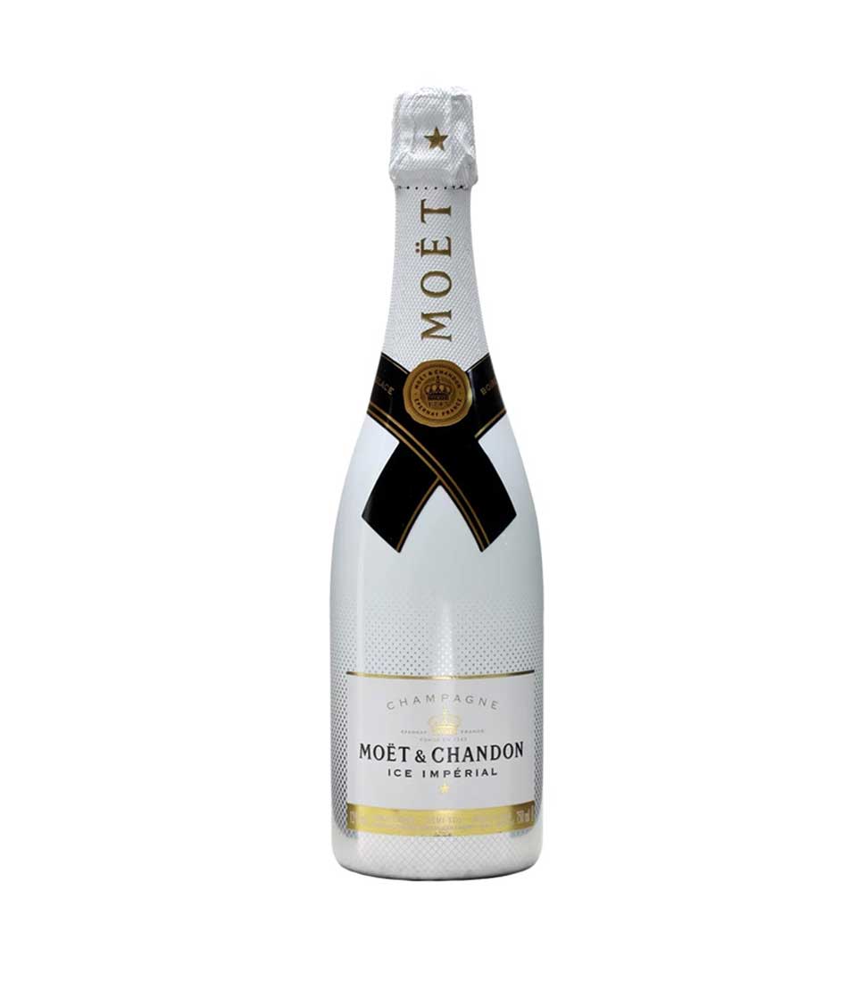 Moët & Chandon Ice Imperial champagne bottle with black and gold ribbon bow on white background