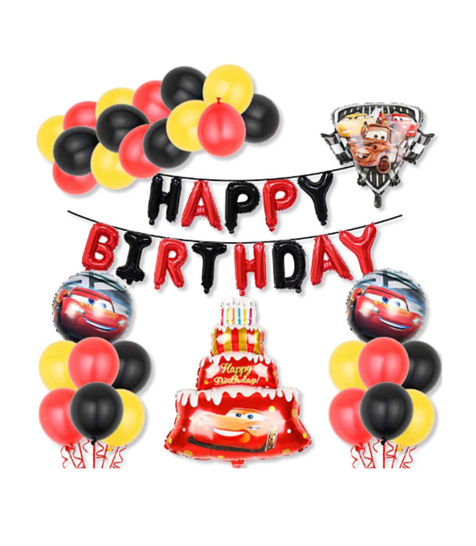 Disney Cars birthday balloon set with Lightning McQueen character foil balloons, Happy Birthday banner, and red cake balloon