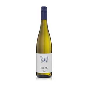 Award-winning white wine with blue butterfly label, pale golden liquid in classic bottle with screw cap