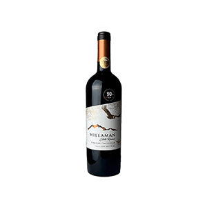 Premium red wine bottle with gold foil capsule and mountain-bird label for Christmas gifting