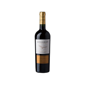 Classic red wine bottle with gold foil capsule and emblem label for anniversary gifts