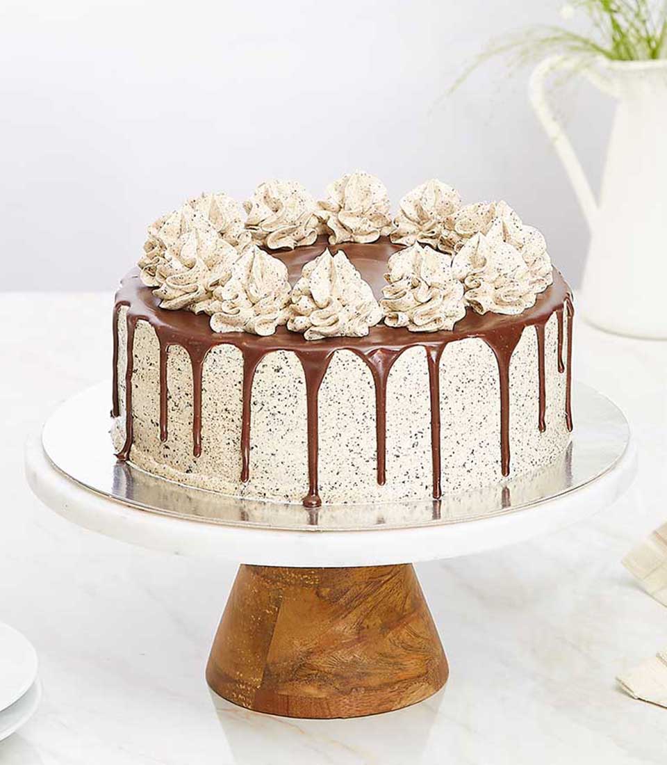 Choco-Bedecked Cream Cake with chocolate ganache drip and speckled frosting on marble stand