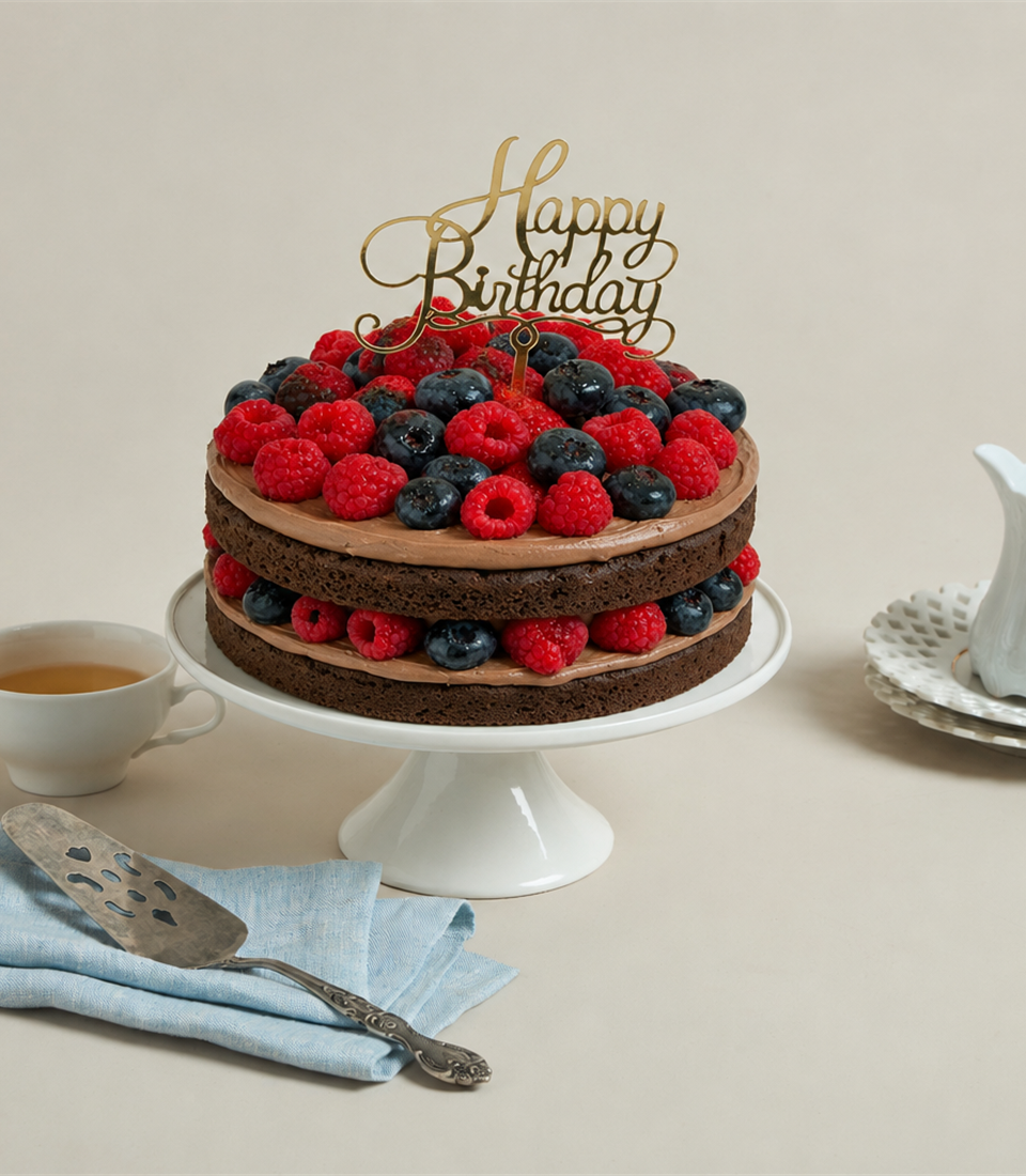 Charlotte Bakery's artisan two-tier chocolate birthday cake, generously filled and topped