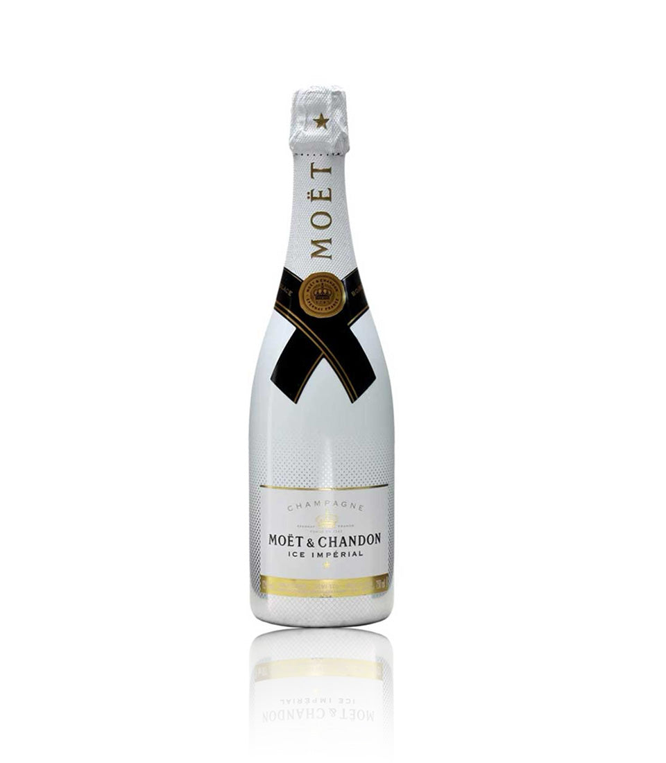 Premium champagne bottle with gold-accented label and black ribbon bow, elegant white foil wrap with star design