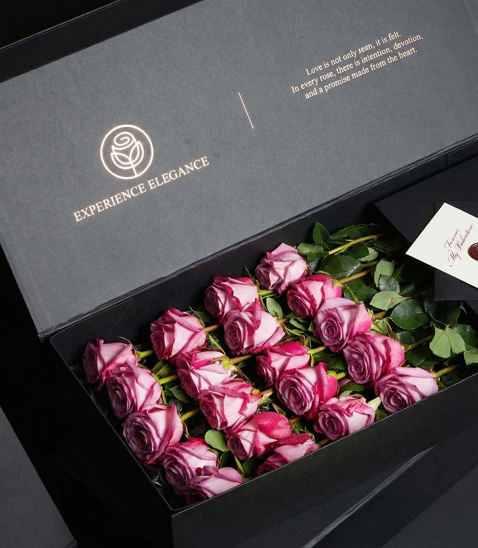 Elegant flower box from Flowers by Basketeer featuring premium pink roses in a modern black box. Perfect same-day flower delivery Bangkok.