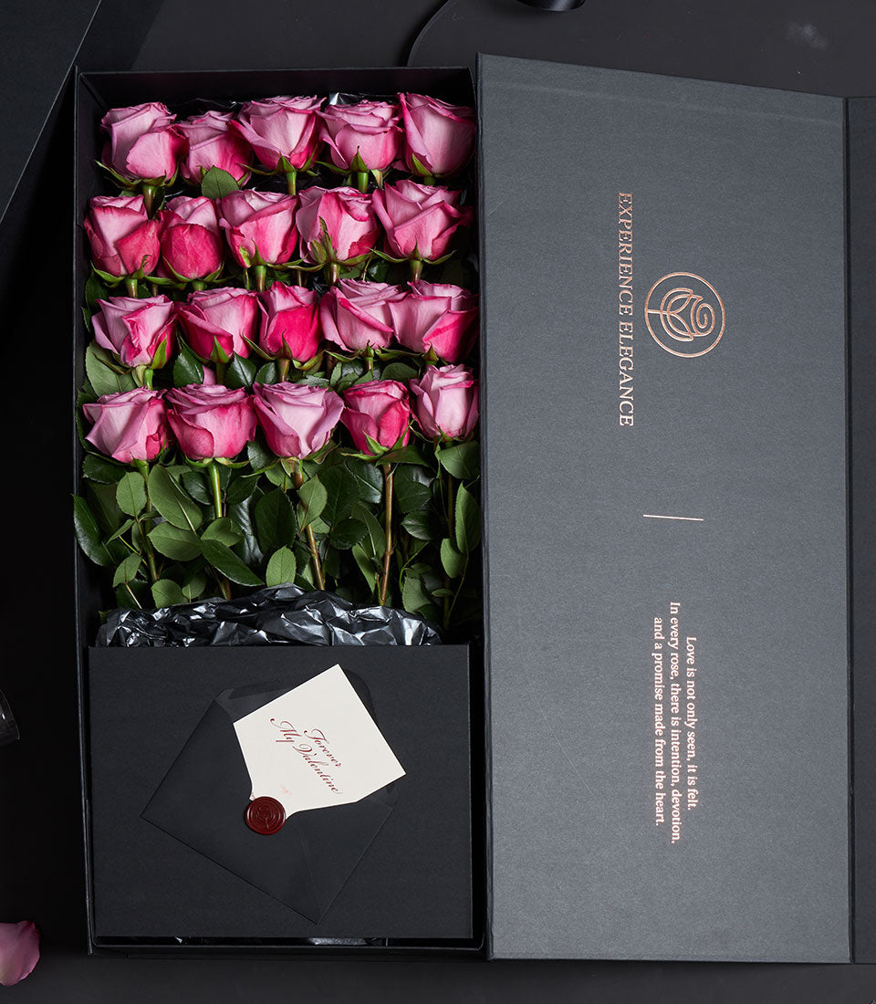 Moody Blues Pink Rose luxury Valentine gift box with twenty pink roses and love letter card