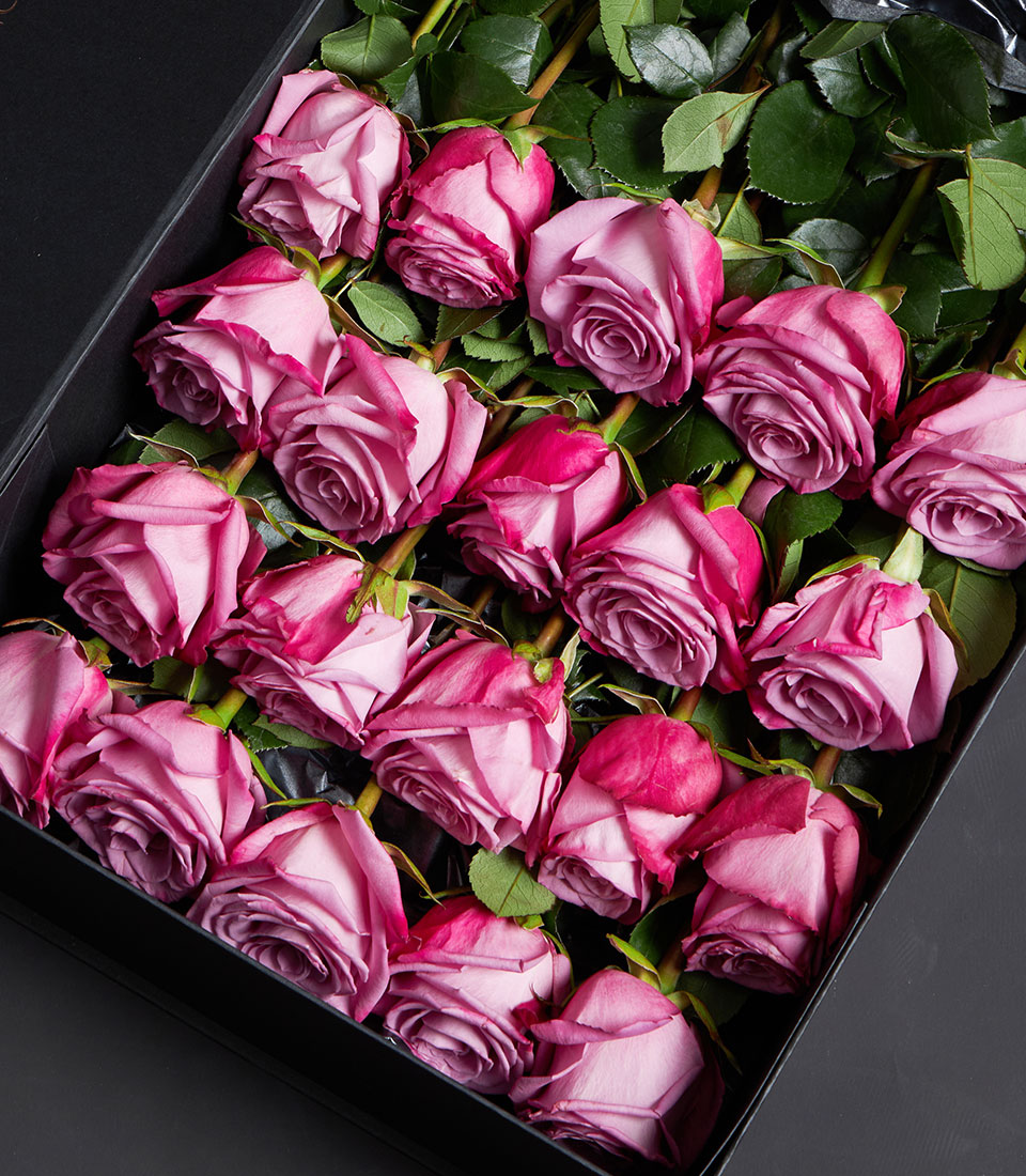 Moody blues pink roses luxury Valentine gift box with fresh Ecuador-sourced long-stem flowers