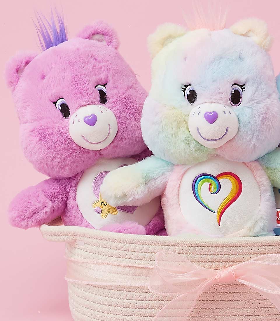 Pastel Care Bears plush pair in light pink woven basket with ribbon, kids birthday gift hamper