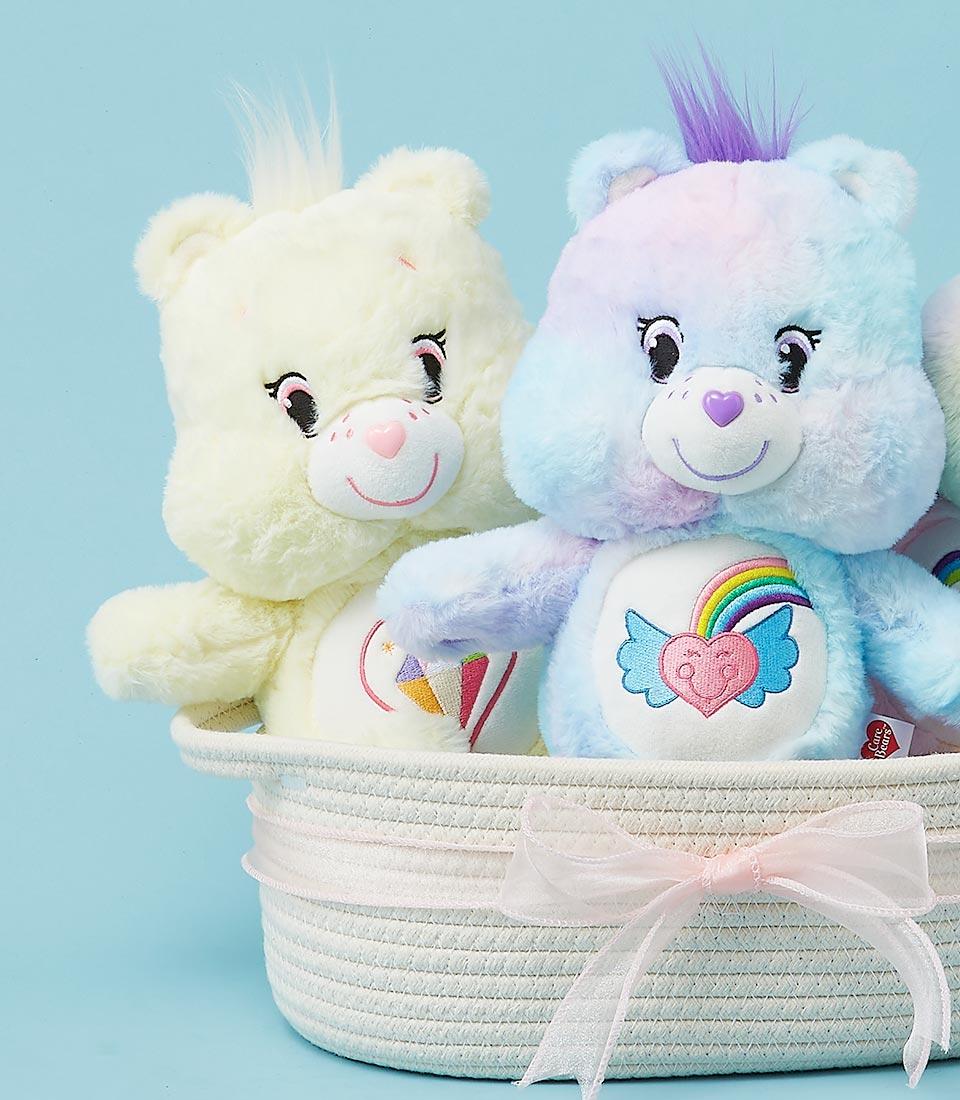 Colorful Care Bear plush duo in white woven basket with pink ribbon, perfect birthday gift for kids
