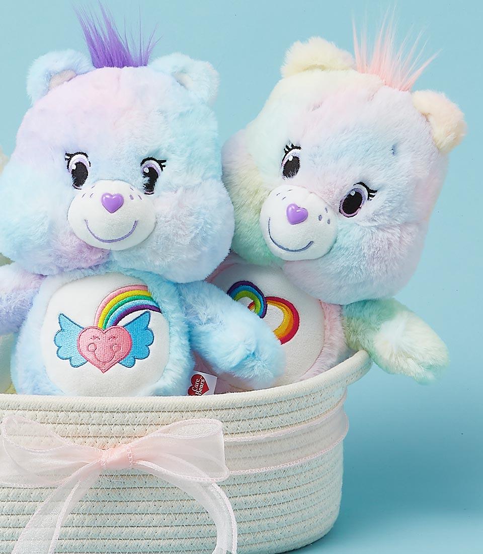Colorful plush Care Bears duo in woven basket with pink ribbon, perfect birthday gift for kids