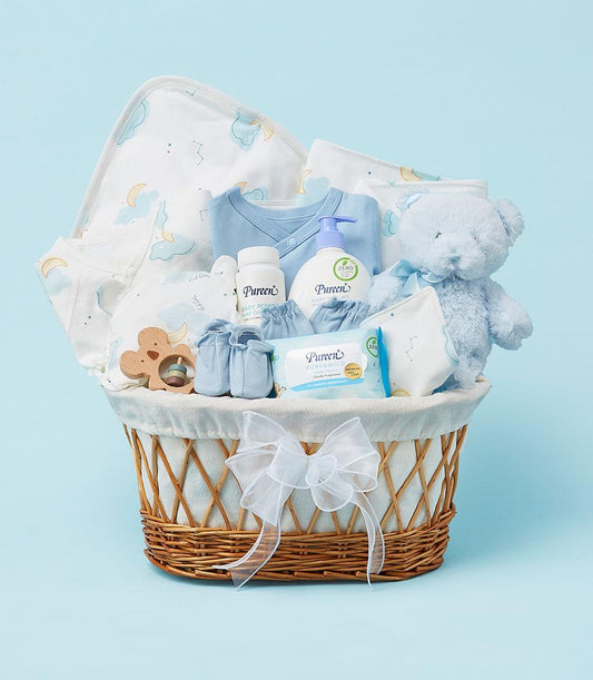 Blue and white newborn gift basket with onesie, cloud blanket, booties, teddy bear, and baby care essentials