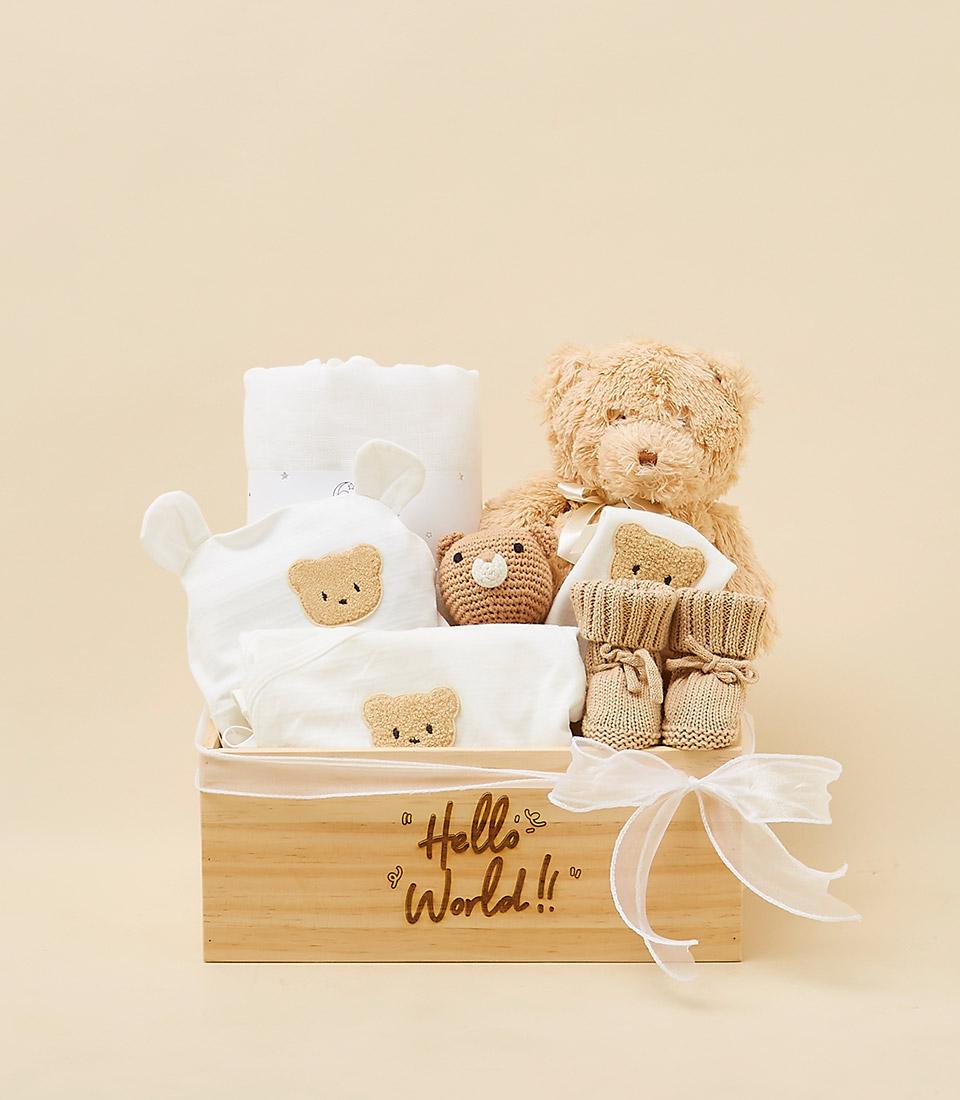 Teddy Bear Treasures newborn gift box with plush bear, baby hat, blanket, booties and accessories
