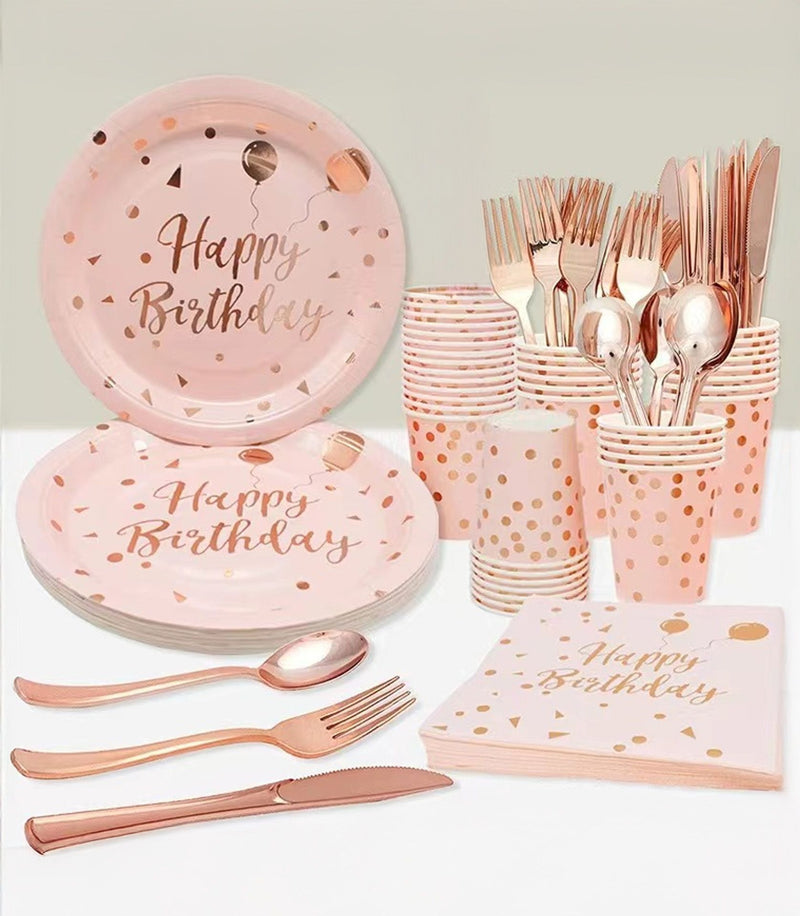 Pink Rose Gold Happy Birthday Party Set | Plates 7”+9”, Cups, Napkins, Cutlery x10 Each