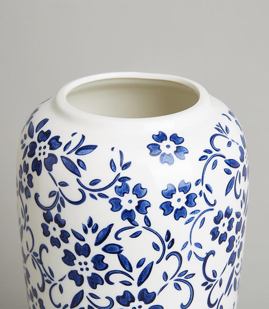 White ceramic vase with blue floral pattern and glossy finish