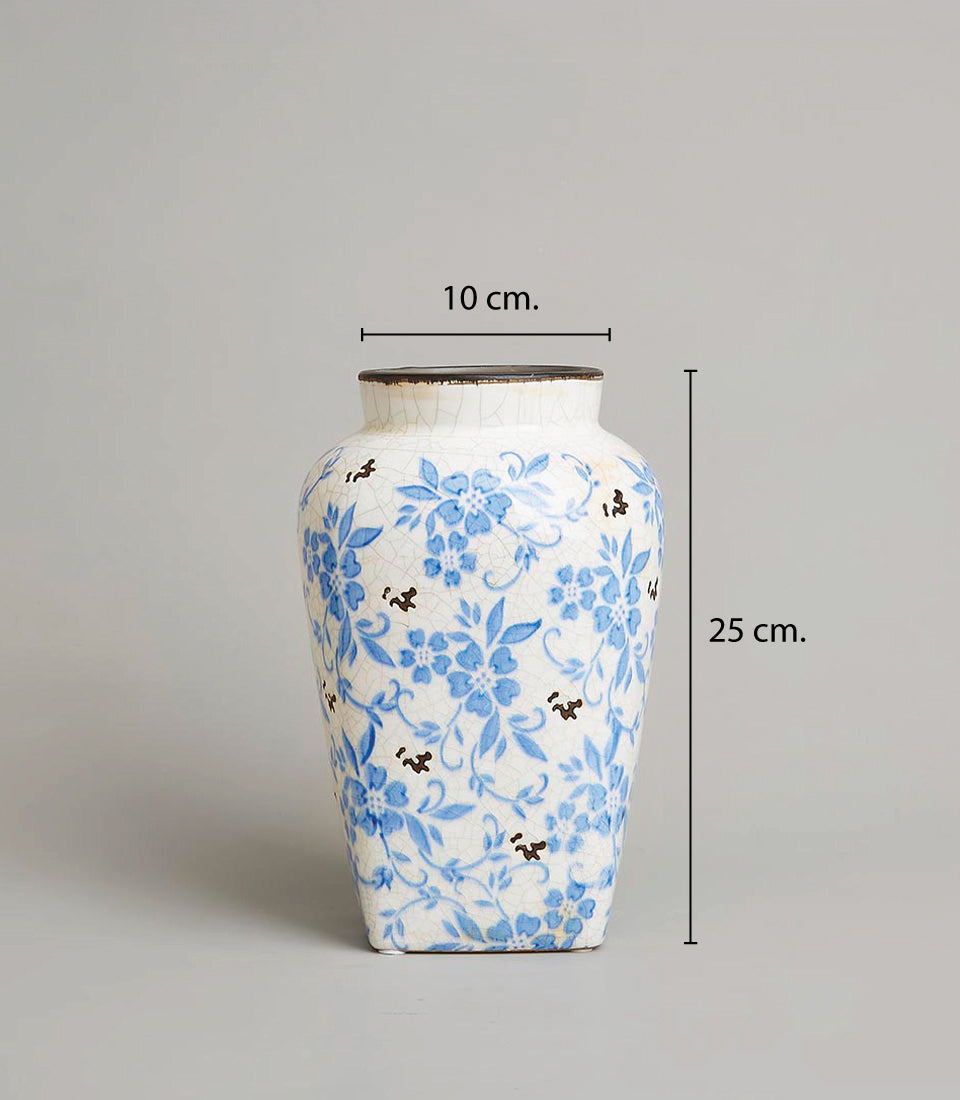 Vintage Bloom blue and white ceramic vase with crackled glaze and floral pattern, 25cm height