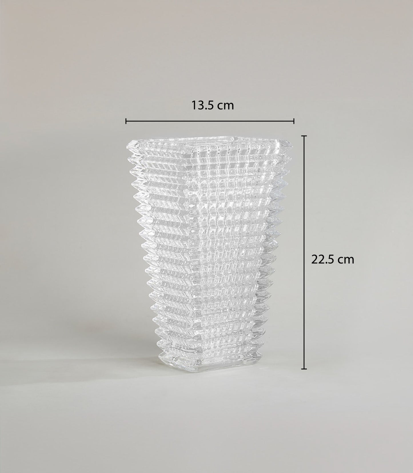 Textured geometric clear glass vase with faceted square design, 22.5cm height