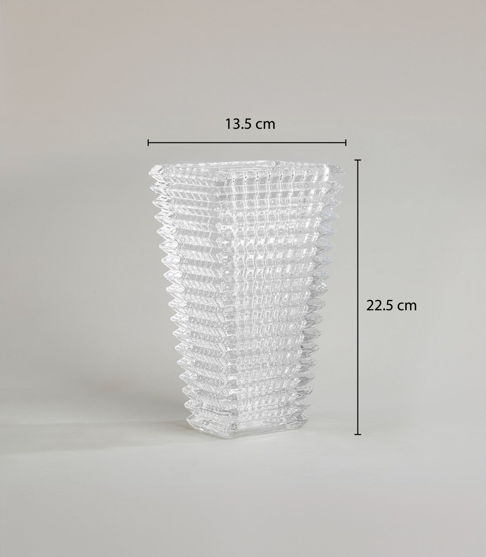 Textured geometric clear glass vase with faceted square design, 22.5cm height