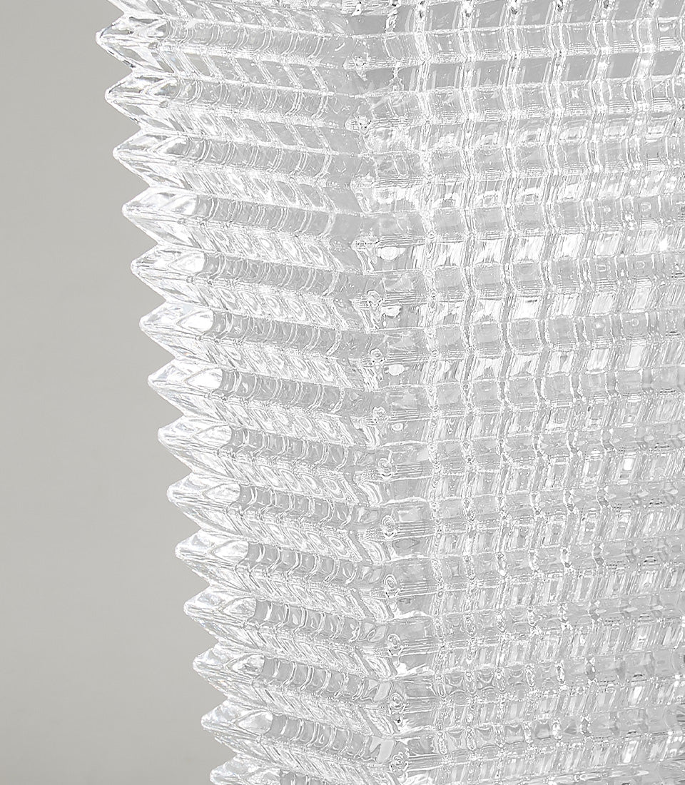 Clear textured crystal glass rectangular vase with geometric ridge and grid pattern detailing