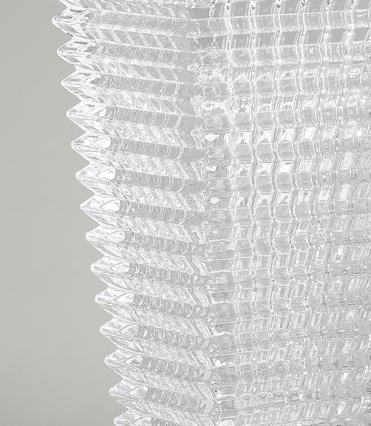 Clear textured crystal glass rectangular vase with geometric ridge and grid pattern detailing