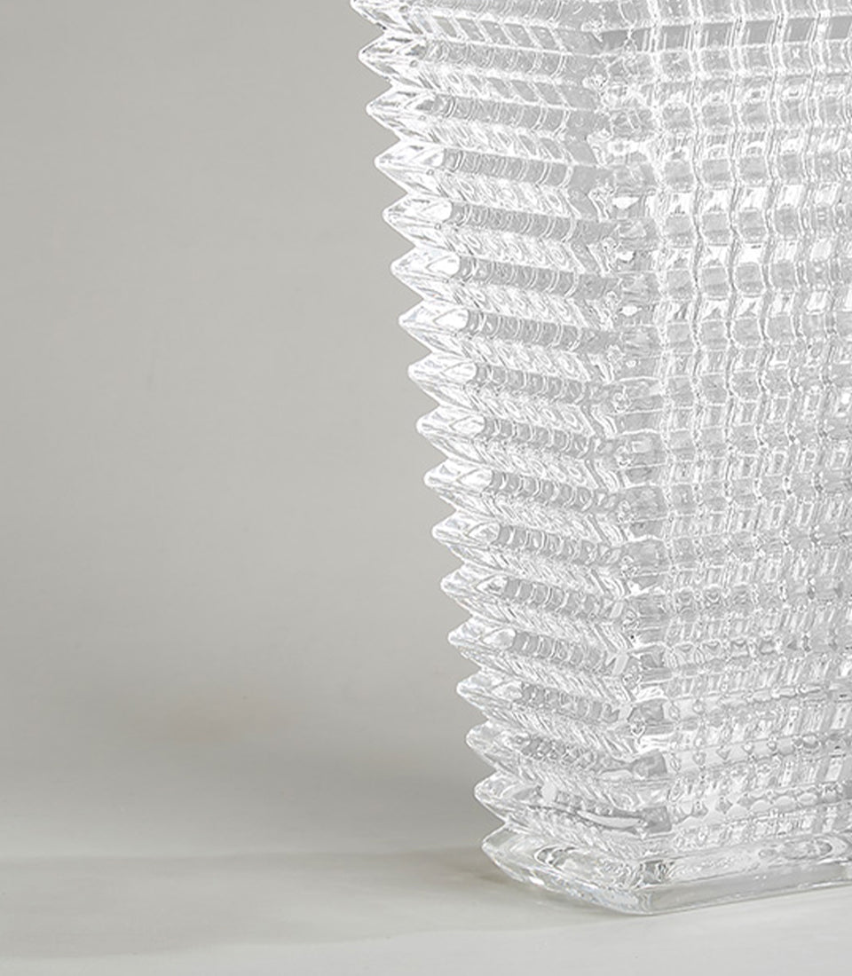 Textured crystal glass rectangular vase with wave-pattern ridges and grid detailing