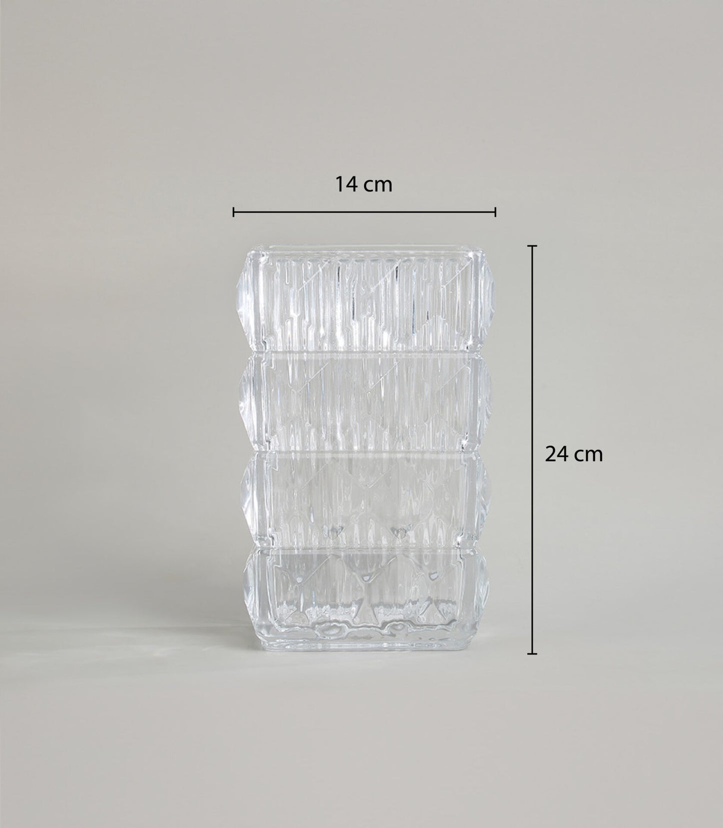 Clear rectangular glass vase with textured vertical ridges and diamond pattern, 24cm height, modern minimalist design for