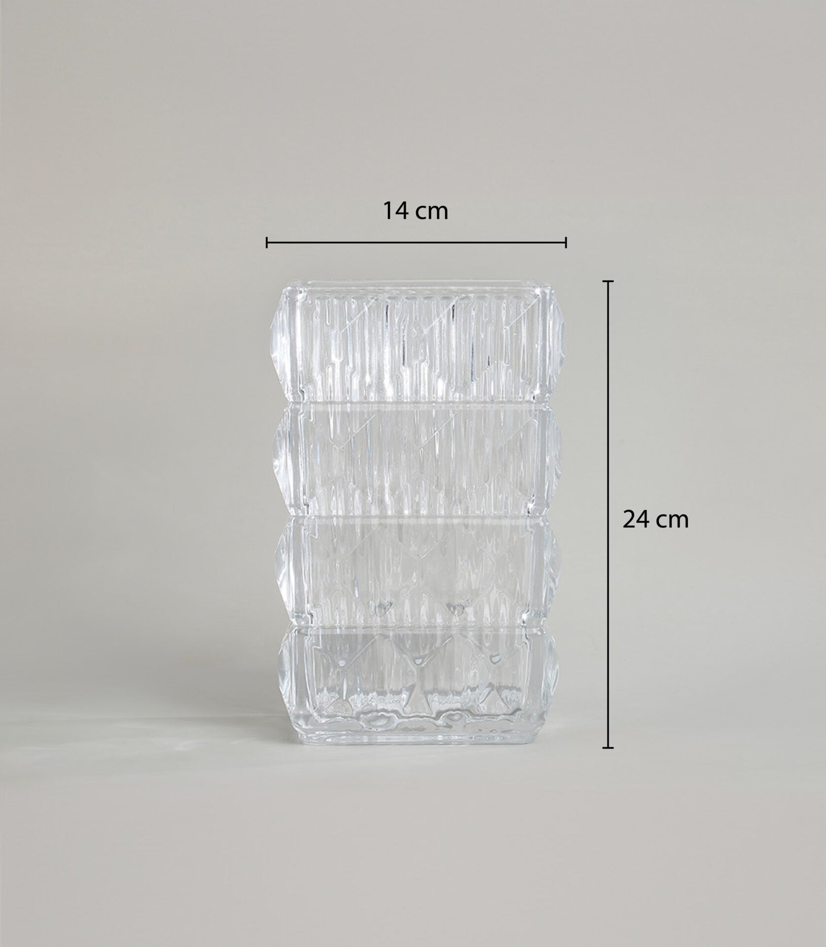 Geometric textured clear glass vase with ribbed segments, 24cm height, modern minimalist design