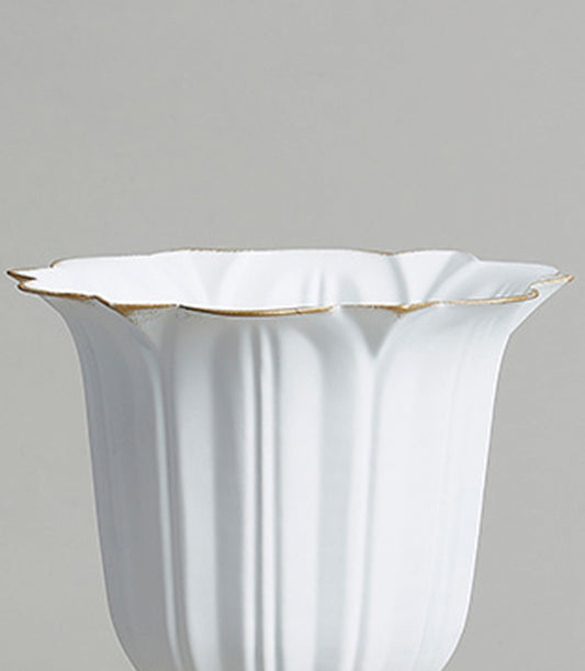 White ceramic vase with gold-trimmed scalloped rim and vertical ridges, luxury gift piece