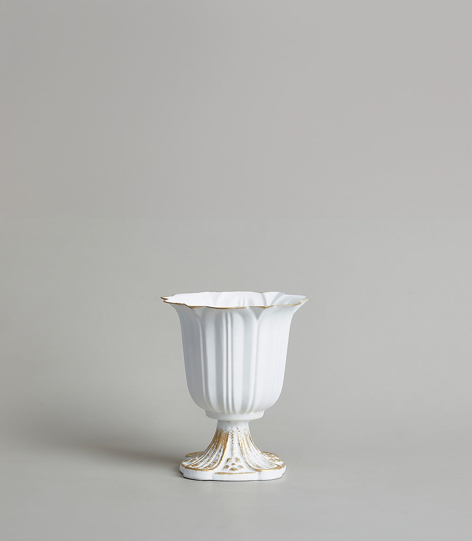 White ceramic tulip vase with gold-trimmed fluted design and scalloped rim