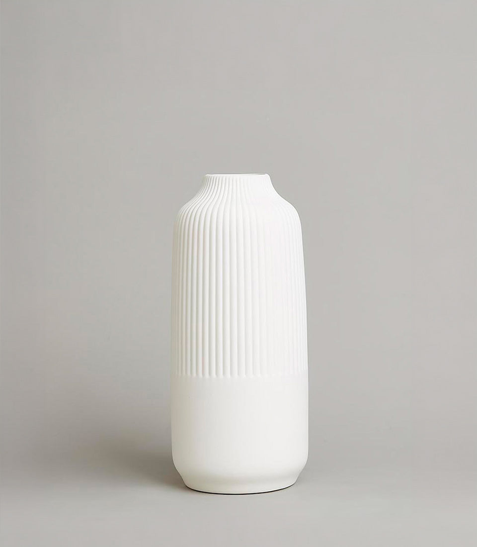 Tall white ribbed ceramic vase with minimalist design for luxury gifting