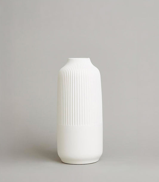 Tall white ribbed ceramic vase with minimalist design for luxury gifting