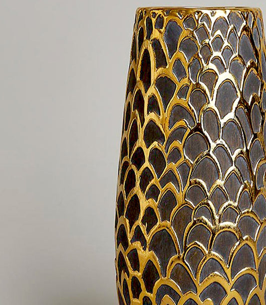 Tall tapered vase with gold scale-pattern detailing and charcoal grey recessed panels