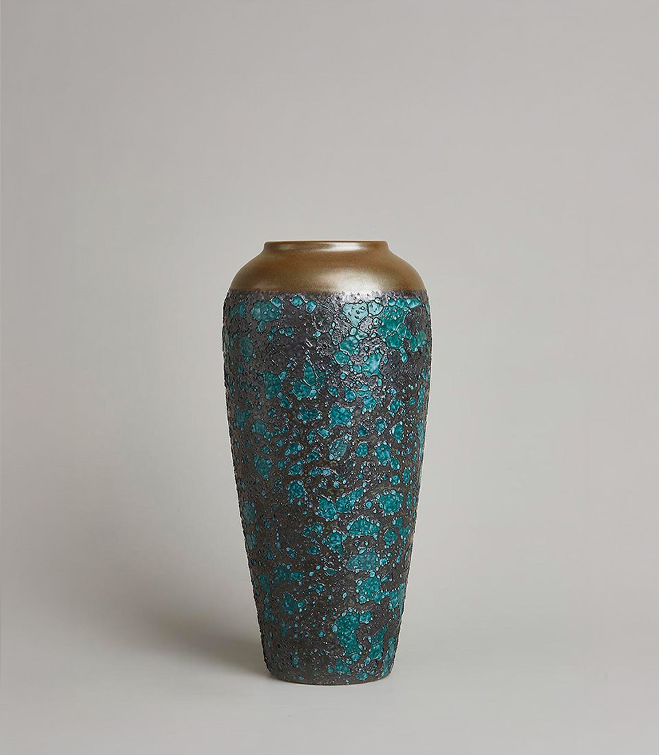 Tall turquoise mosaic ceramic vase with bronze-gold rim and textured teal speckled finish