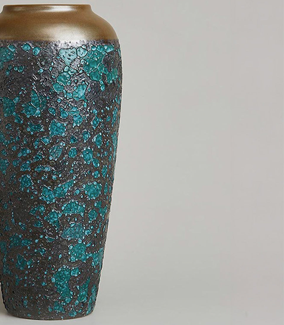Tall turquoise mosaic ceramic vase with bronze rim and textured charcoal body, luxury home décor gift
