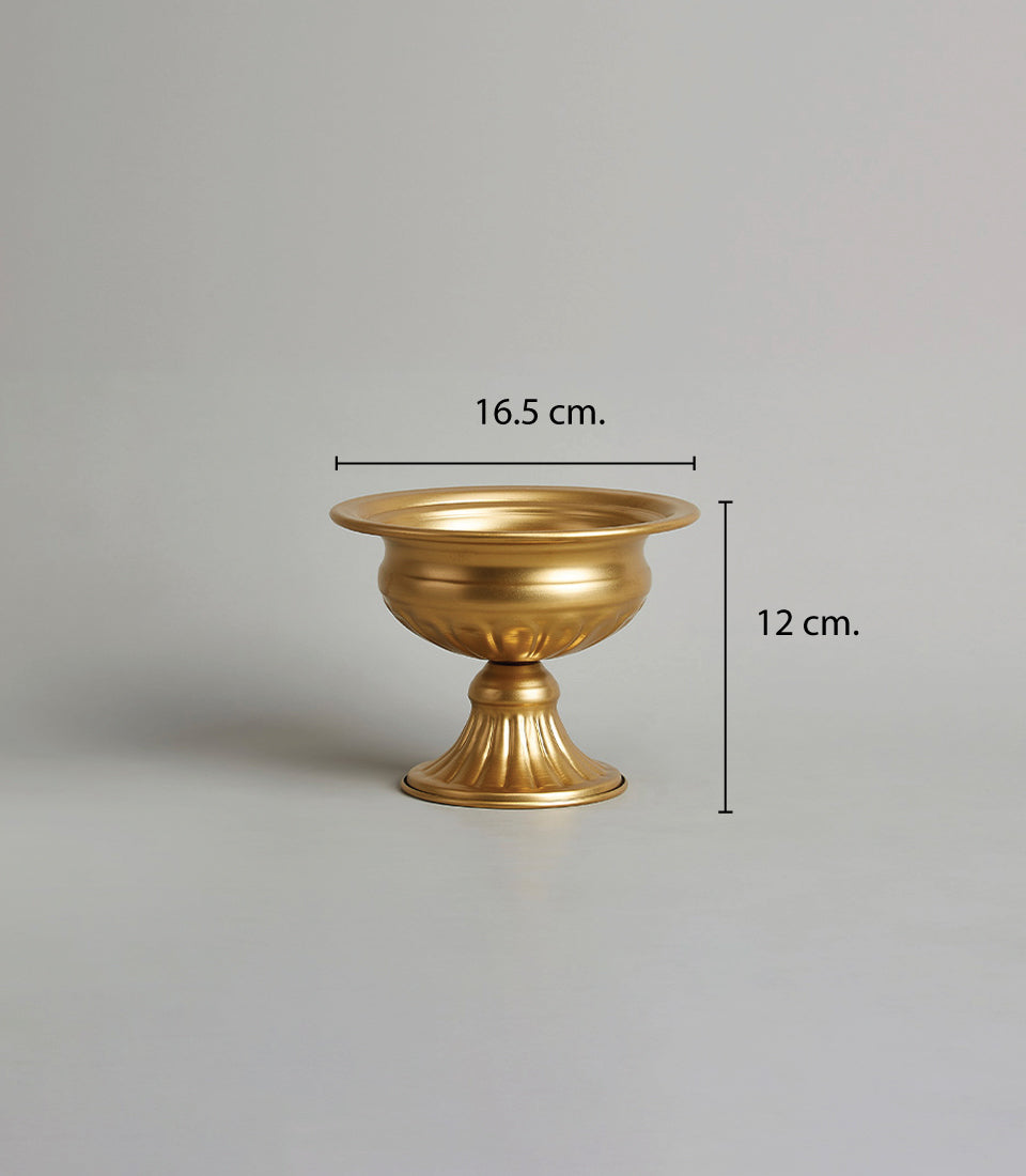 Golden metal pedestal bowl with fluted base, elegant gift vase for home decor