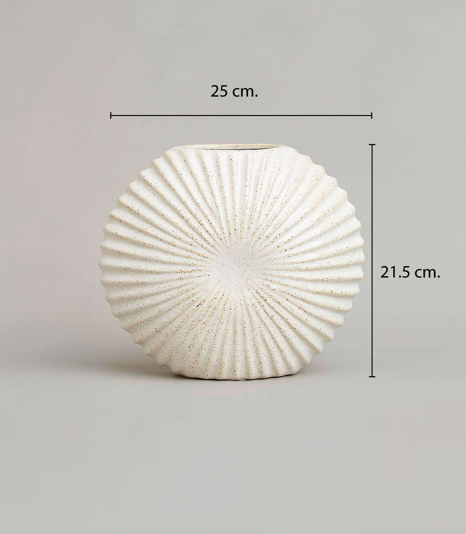 Frosted ceramic vase with ribbed texture, off-white finish, 25cm wide gift for elegant home décor