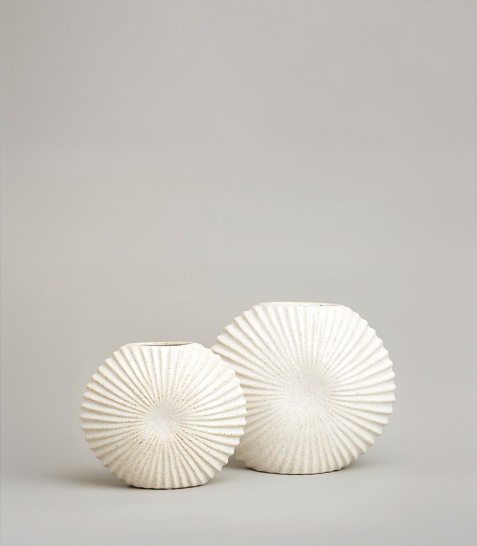 White ceramic vases with radiant ribbed texture and speckled finish, set of two for modern home décor
