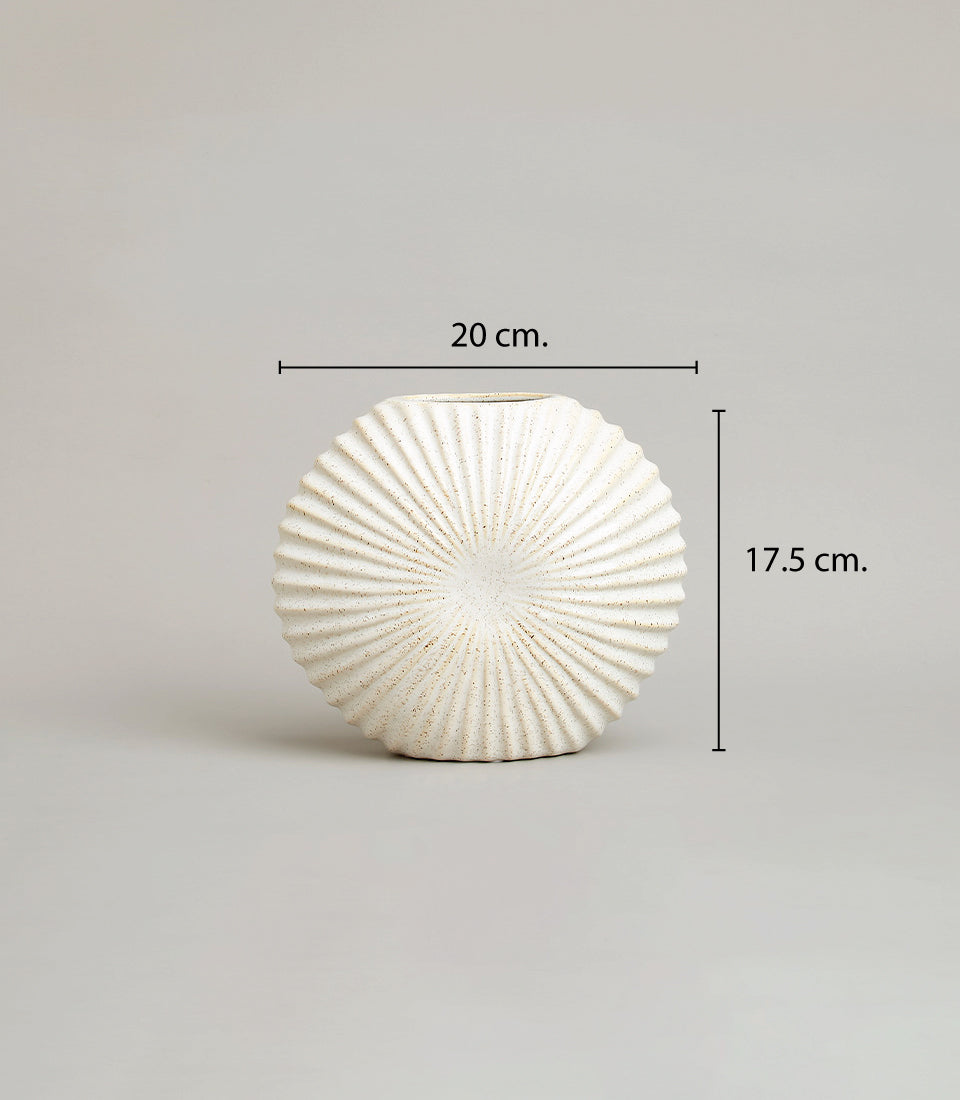 Off-white ceramic vase with radiant ribbed texture, 20cm width, artisan gift piece