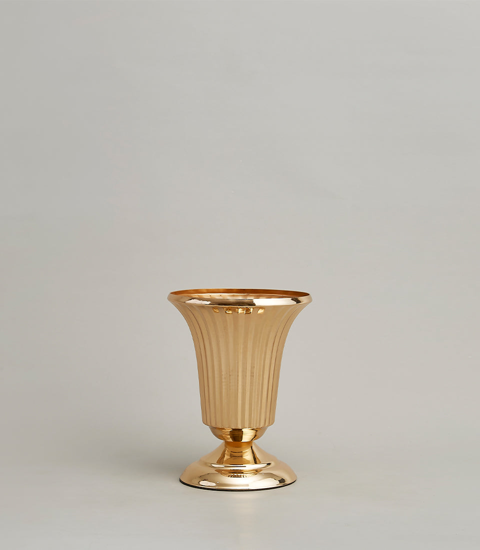 Elegant gold fluted metal vase with trumpet shape and reflective finish
