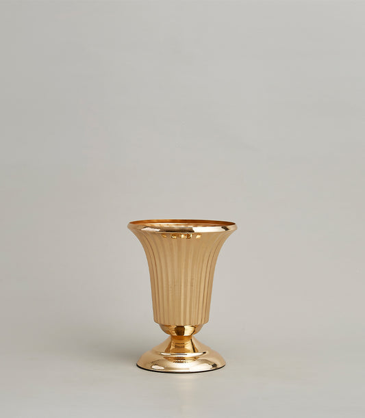 Elegant gold fluted metal vase with trumpet shape and reflective finish