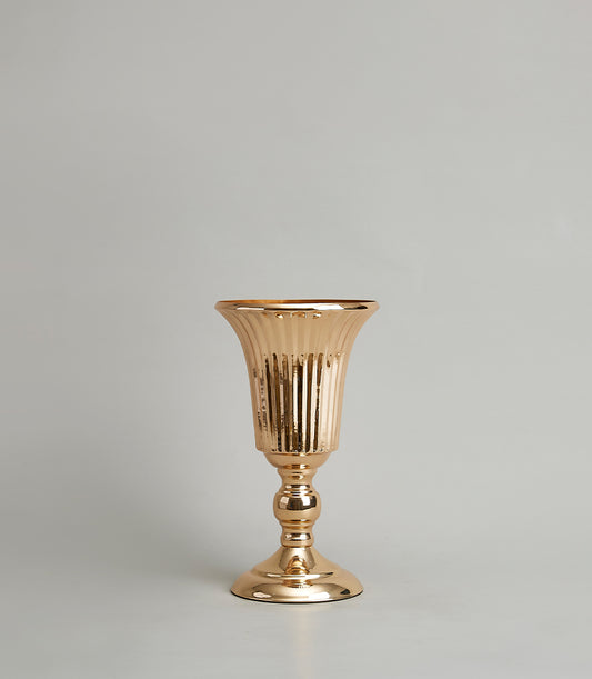 Elegant golden vase with ribbed flared rim and decorative stem, luxury gift hamper accessory