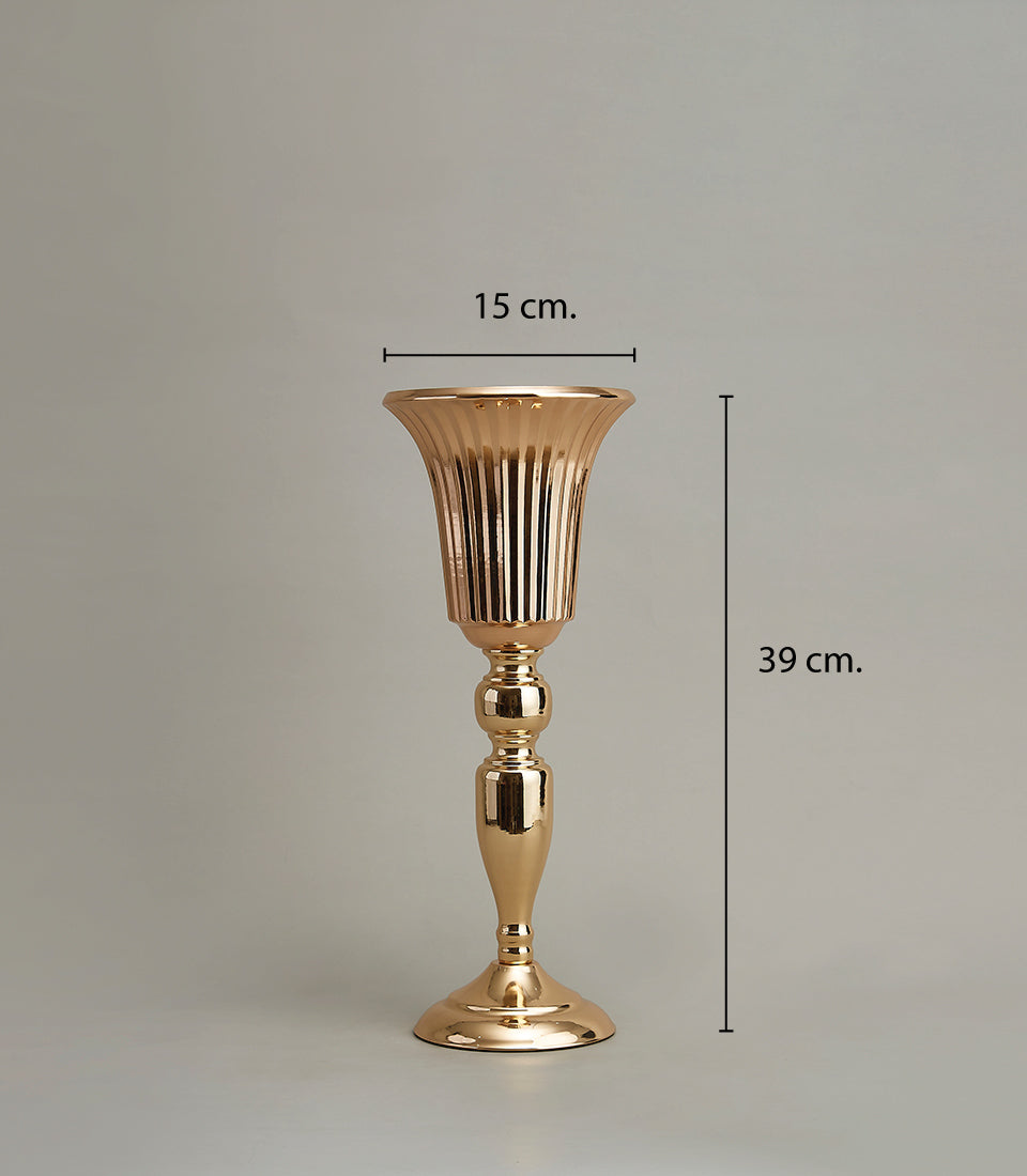 Tall golden fluted vase with ornate spherical stem, luxury home décor accent piece