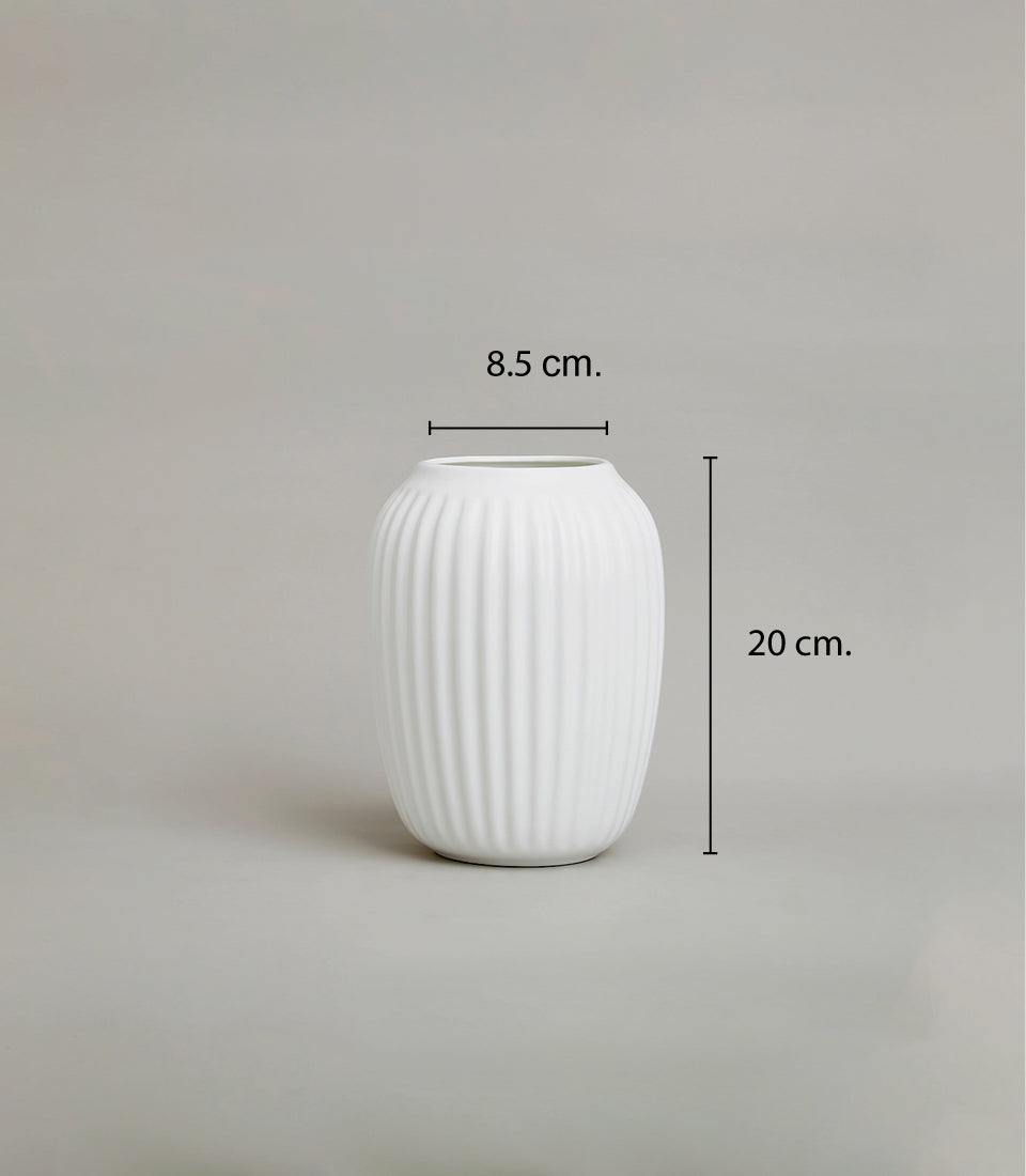 White ceramic vase with fluted ribbed design, 20cm height, ideal for premium artificial flower arrangements