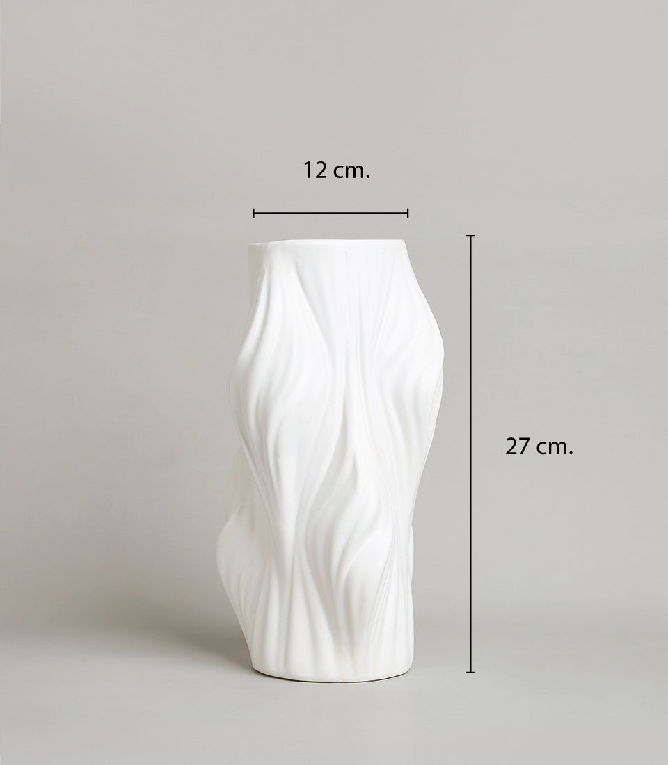 White ceramic vase with textured wavy design, premium artificial flower arrangement container