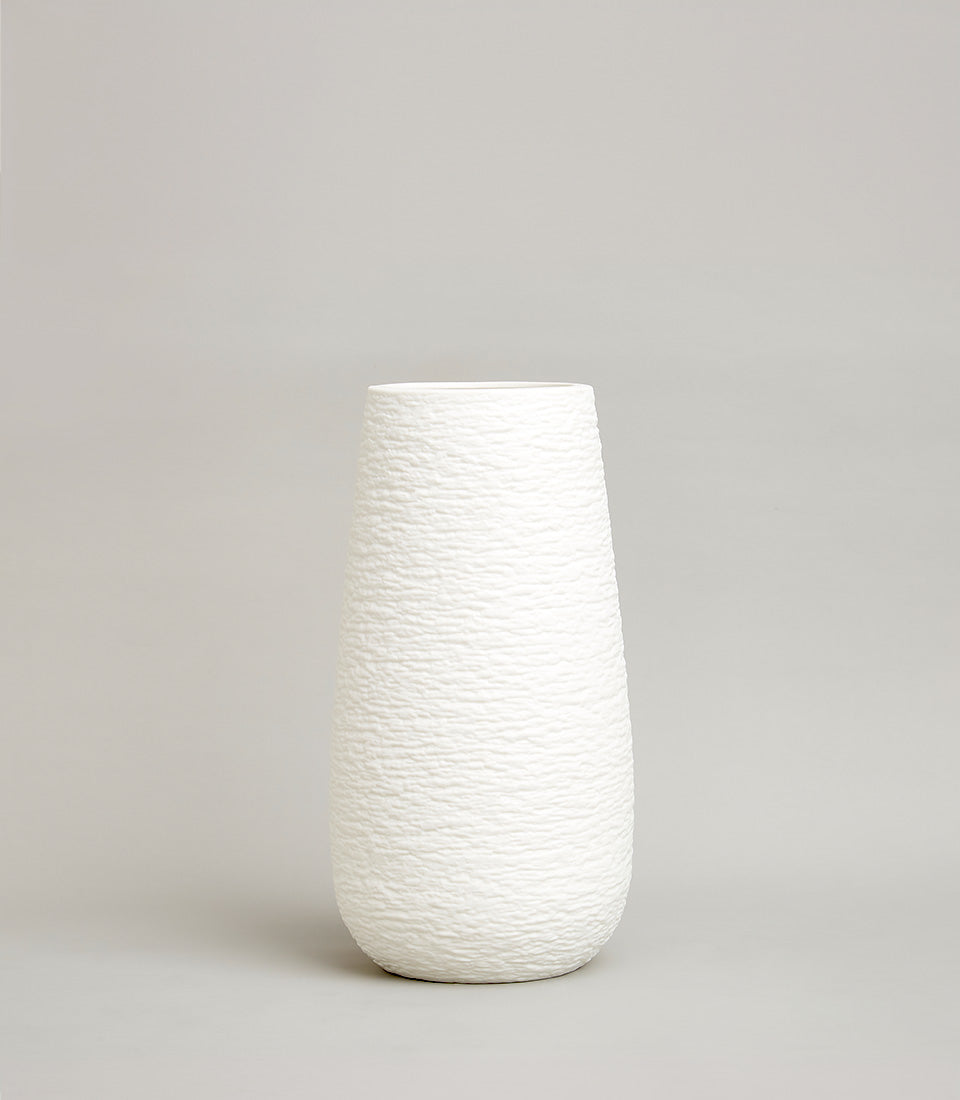 Textured white ceramic tapered vase with rippled surface finish, premium home décor gift