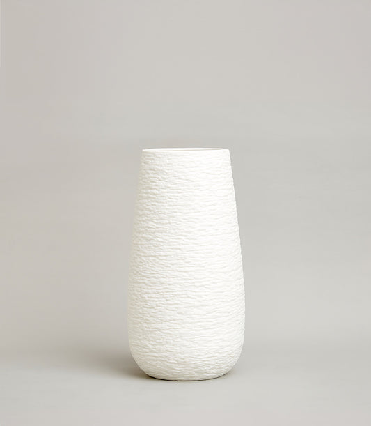 Textured white ceramic tapered vase with rippled surface finish, premium home décor gift