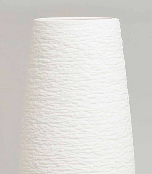 Textured tapered white ceramic vase with horizontal ridge detailing